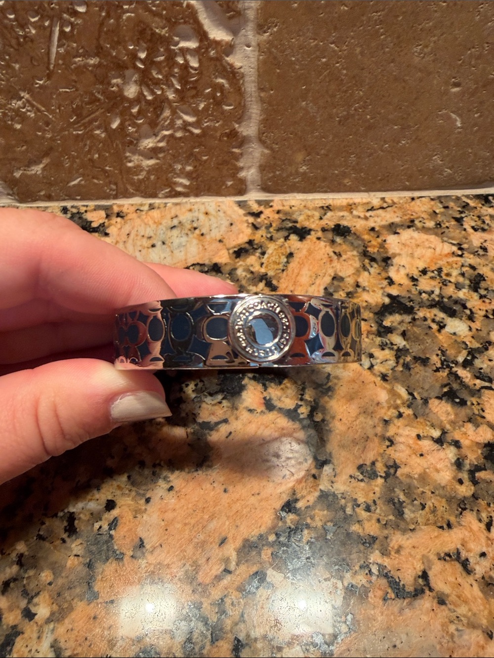 Coach Silver-tone and Navy Signature Logo Bangle with Coach Dustbag